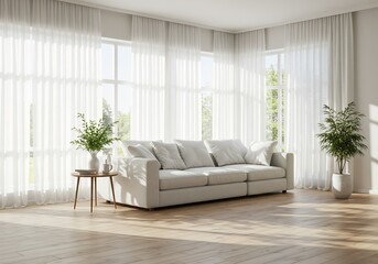 明るい日差し降り注ぐ、白いソファと窓辺の穏やかなリビング空間