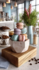 Fototapeta premium Colorful macarons displayed in a cozy café setting