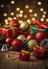 温かい光輝くクリスマスオーナメントとプレゼント