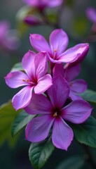 Close-up of large, vibrant purple flowers with glossy leaves on a tree branch, leaves, branch