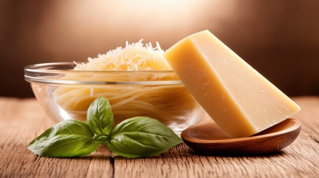 A bowl of fresh spaghetti topped with grated cheese, accompanied by a wedge of cheese and basil, presented on a wooden surface, Perfect for culinary blogs, recipe books, or food advertisements,