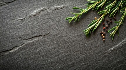 Obraz premium A close-up of fresh rosemary sprigs and colorful peppercorns on a textured slate background, perfect for culinary articles, food blogs, or recipe cards about herbs and seasoning,