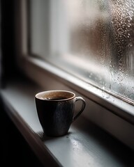 a cup of coffee on a windowsill with condensation on the window
