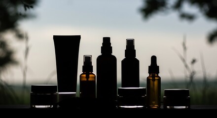 静謐なシルエット 自然光浴びて輝く美容液ボトル群