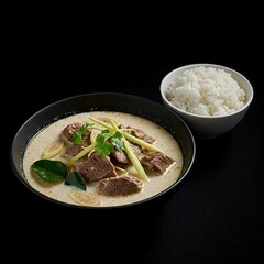 A bowl of Vietnamese  bo kho nuoc dua (coconut beef stew) with beef chunks, coconut milk, and lemongrass, served with rice, set against a black background.  