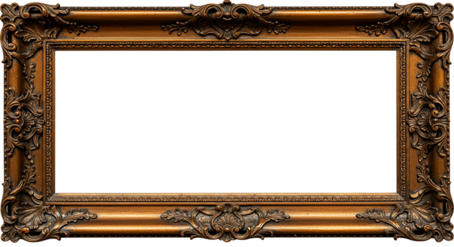 Ornate golden picture frame with intricate details and a dark rectangular central opening space for art