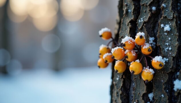 Snowflakes and golden berries adorning a bare tree trunk, tree, snowflake