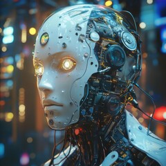 Fototapeta premium Futuristic Robot with Glowing Eyes in Neon Cityscape Background