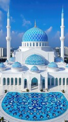Majestic white mosque with blue details, stunning architecture, beautiful domes and intricate patterns
