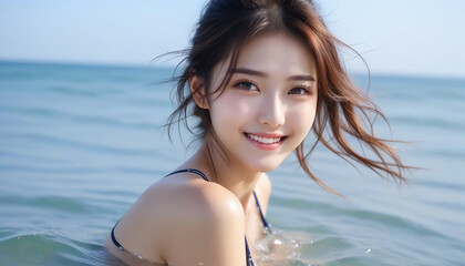 Portrait of a smiling pretty girl in a bikini by the beautiful sea.綺麗な海でビキニを着た笑顔のかわいい女の子のポートレート。	