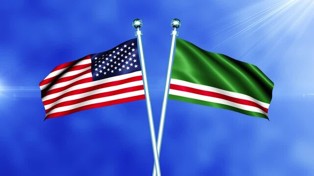 USA and Chechen Repub lic of Ichkeria Flag Waving on Pole Seamless Loop