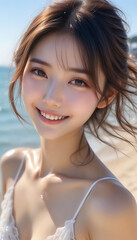 Portrait of a smiling pretty girl in a bikini by the beautiful sea.綺麗な海でビキニを着た笑顔のかわいい女の子のポートレート。	