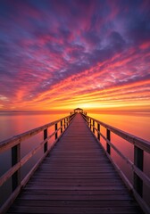 Fototapeta premium 燃える夕焼け空、木製の桟橋が伸びる幻想的な風景