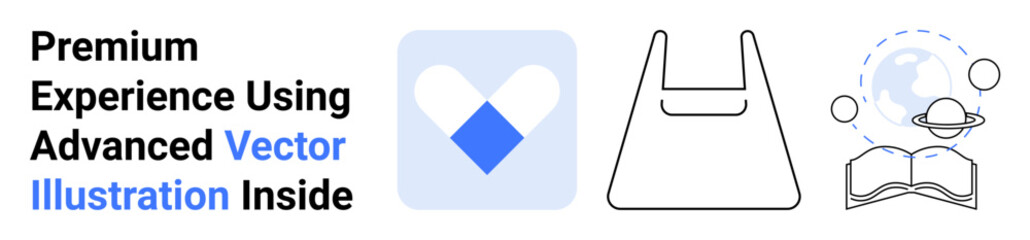 Heart-shaped logo, minimalist shopping bag, globe with rings, and open book. Ideal for e-commerce, education, global concepts, environment, technology branding flat landing page banner