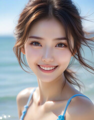 Portrait of a smiling pretty girl in a bikini by the beautiful sea.綺麗な海でビキニを着た笑顔のかわいい女の子のポートレート。	