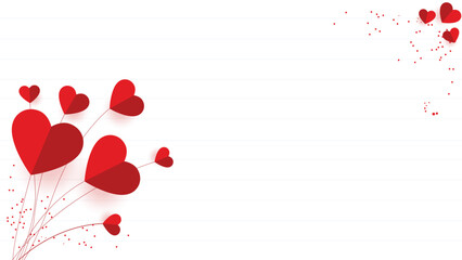A lined love note background with red paper hearts for valentine's day, thanksgiving, greeting card