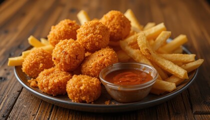 Delicious fried chicken bites with fries restaurant food photography indoor close-up tasty treats