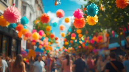Naklejka premium Vibrant street festival with colorful decorations and lively crowd