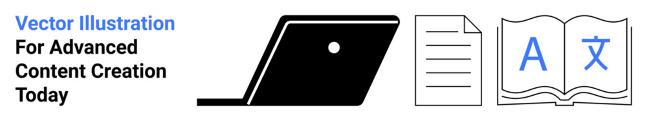 Laptop, document, and open book with letters highlight modern content creation, writing, editing, and multilingual learning. Ideal for education, publishing, technology communication creativity