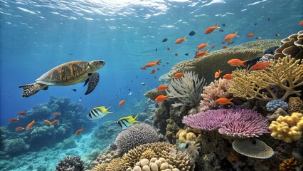 Obraz premium Resplendent Teeming Society Aquatic,A resplendent and teeming society of aquatic creatures thrives harmoniously amidst vibrant tapestry of life that adorns coral reef