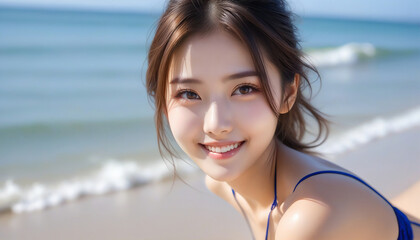 Portrait of a smiling pretty girl in a bikini by the beautiful sea.綺麗な海でビキニを着た笑顔のかわいい女の子のポートレート。	
