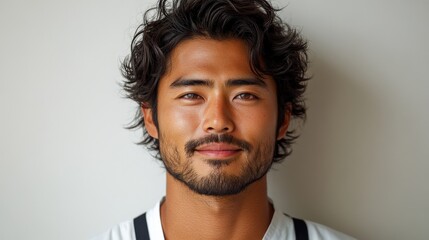 Obraz premium Man with dark hair and beard smiles softly against a light backdrop