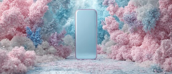 A sleek phone sits amidst a dreamlike landscape of pastel pink, blue, and white fluffy textures