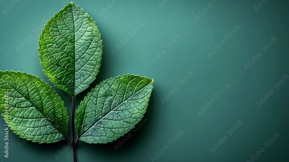 Poster green leaves with detailed texture isolated on green background with copy space, nature and environm