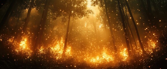 Burning forest floor with embers floating in the air under a canopy of tree branches
