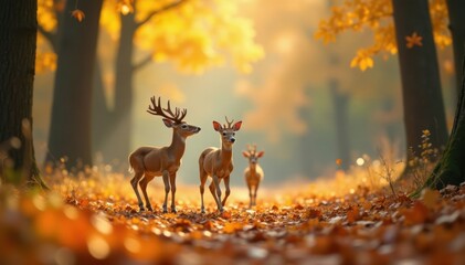 Kids of deer frolicking in the woods during autumn, deer, kids