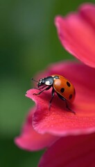 Fototapeta premium Ladybug gently landing on a colorful flower petal , petals, bloom