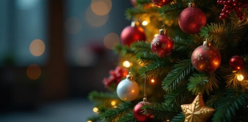 Beautiful Christmas tree with ornaments and lights, snowflakes, garlands