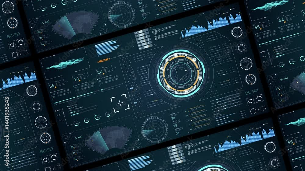 Poster motion graphic of blue digital head up display (hud ui) and circuit panel technology interface scree