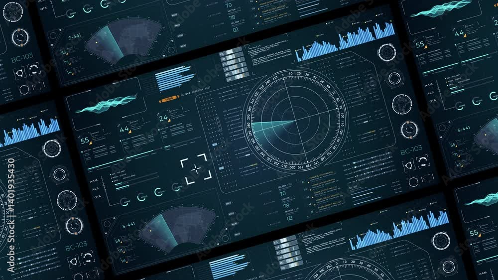 Poster motion graphic of blue color sonar radar screen searching an object with futuristic head up display 
