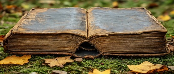 Antique book opened on lush, green moss surrounded by scattered fallen leaves, outdoors