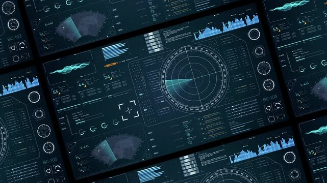 Motion graphic of Blue color sonar radar screen searching an object with futuristic head up display (HUD UI) technology interface screen and chat panel abstract background video concepts