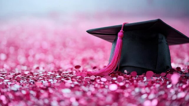 A Milestone Celebration: A classic graduation cap sits among vibrant pink confetti, symbolizing academic achievement and the joy of a fresh start.