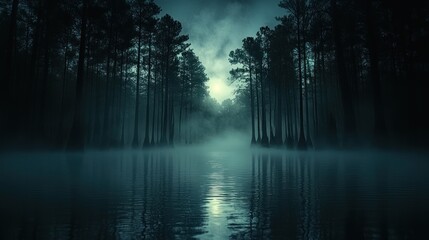 Fototapeta premium Misty, moonlit cypress swamp at night