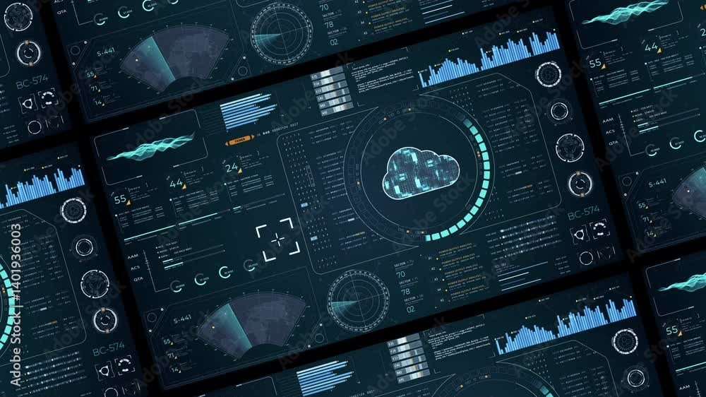 Poster motion graphic of blue digital cloud computing with head up display (hud ui) with circuit panel back