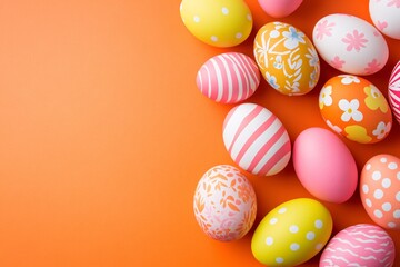 Fototapeta premium Colorful Easter Eggs Arranged on an Orange Background