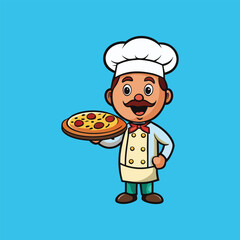 chef in a chef's hat and apron is depicted holding a pizza platter with various toppings vector illustration