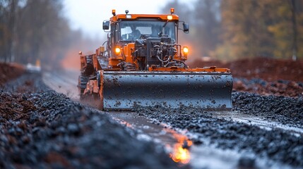 Orange grader leveling gravel road during overcast day