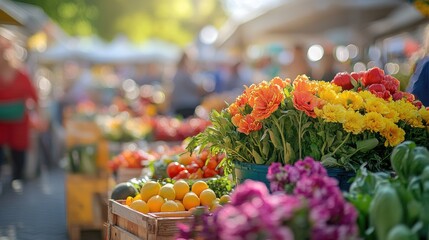Fototapeta premium Vibrant flower and vegetable market scene bustling with shoppers