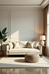 Elegant living room with beige sofa and armchair, minimalist decor, cozy atmosphere, style, contemporary