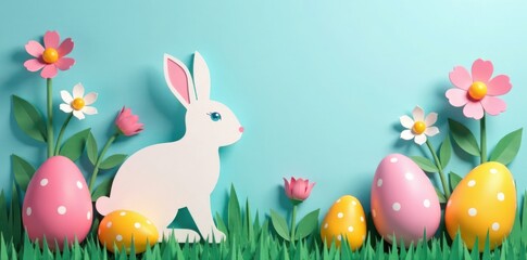 Fototapeta premium Paper cut rabbit surrounded by colorful Easter eggs and flowers , colorful, paper cut rabbit