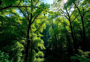Fototapeta premium Endless panoramic view of lush green forest, sunlight dappling through leaves, canopy, scenic