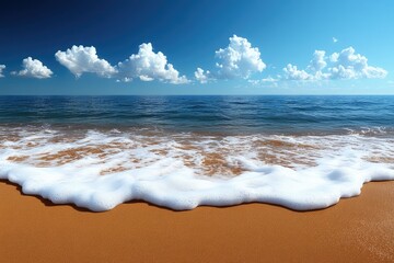 Waves crash on a sandy beach under a blue sky with fluffy clouds on a bright sunny day by the ocean