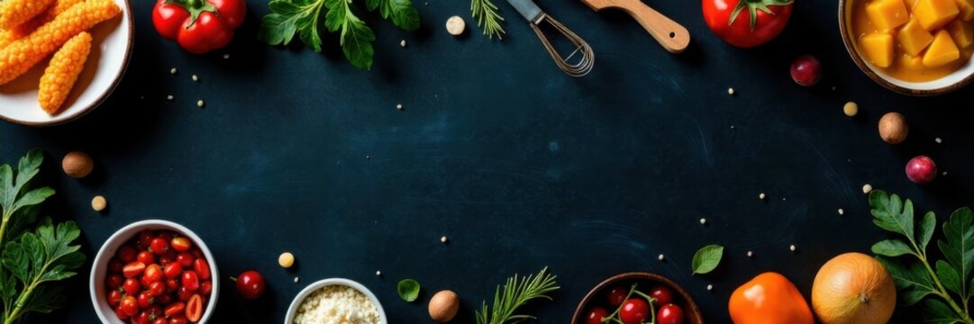 Chalkboard menu background with colorful food options, menu, chalkboard