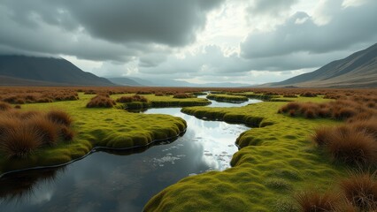 Obraz premium Meandering stream through mossy alpine meadow under cloudy misty sky 