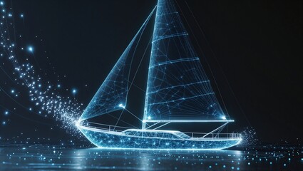Futuristic Glowing Sailboat Wireframe in Dark Background with Geometric Light Particles